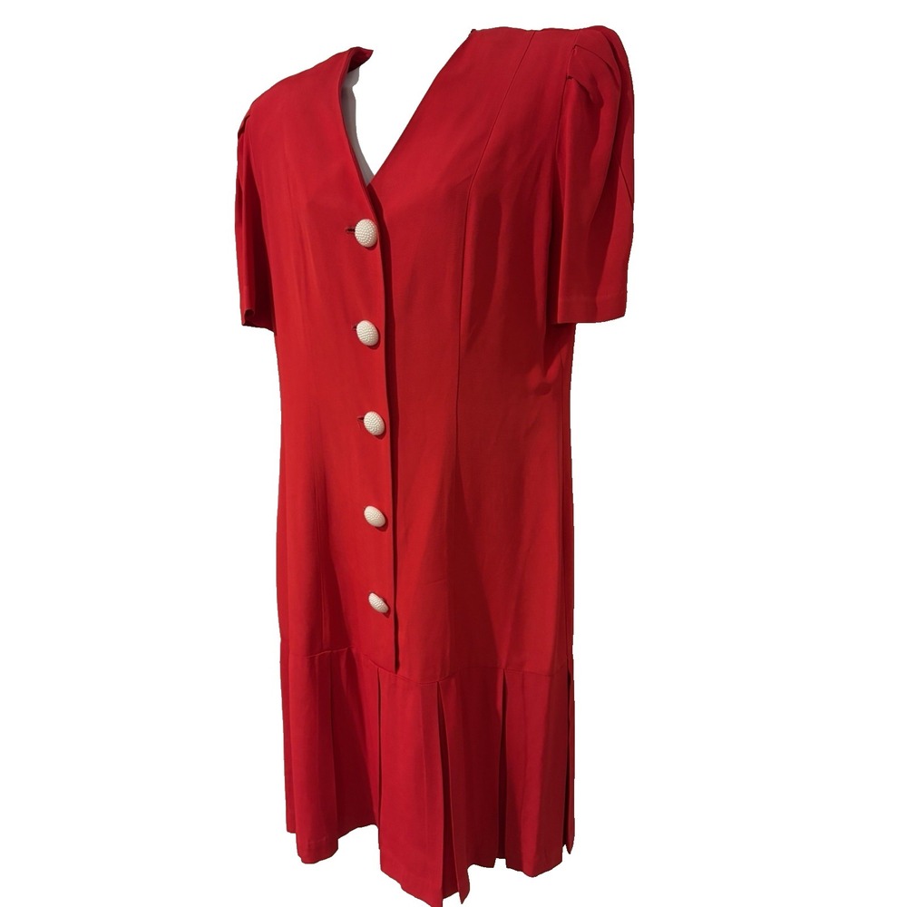 Vtg 80s Jessica Howard Red Dress~ Petite 12~ Buttons V Nk Drop Waist Pleated Hem